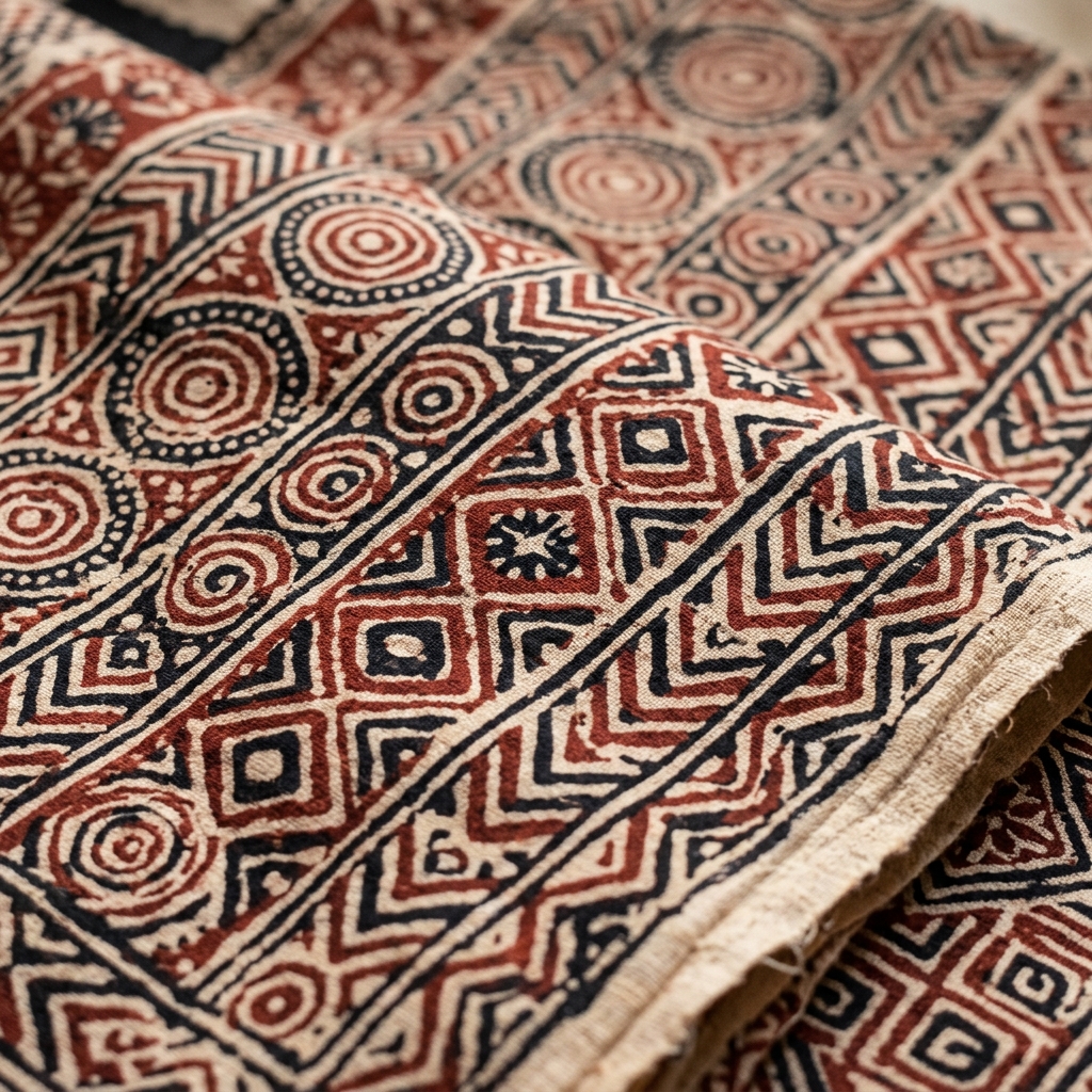 Close-up of Bagru dabu block print fabric